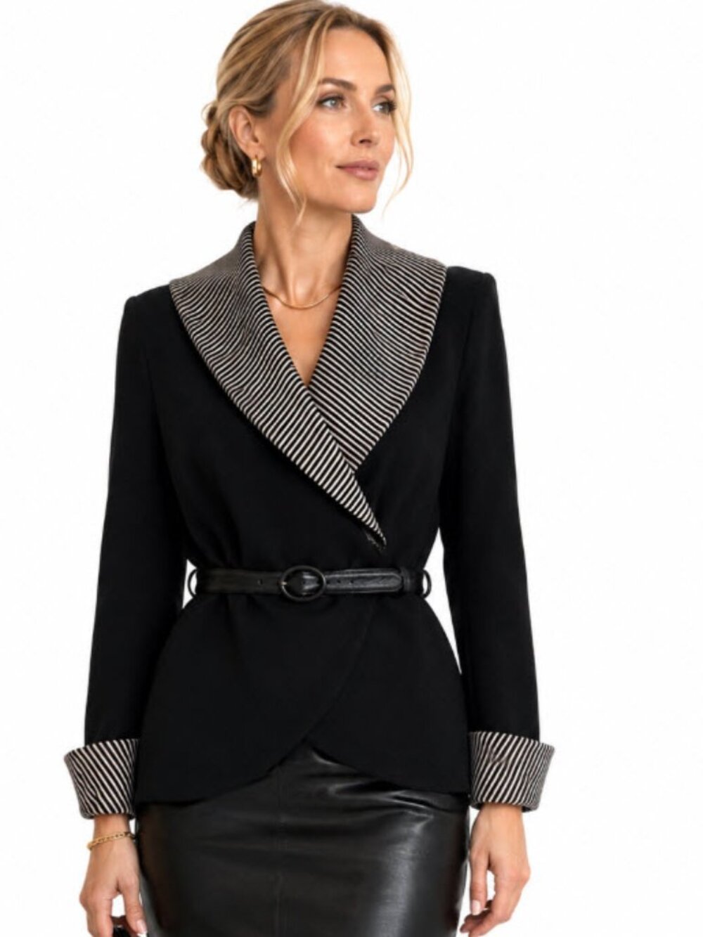 Lori Ann Belted Ribbed Blazer Quiet Luxury Shawl Collar Size 12